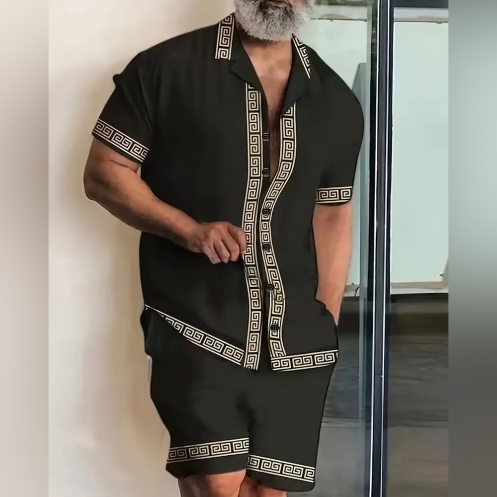 Casual mens  2 piece lapel button up short sleeve shirt and drawstring shorts